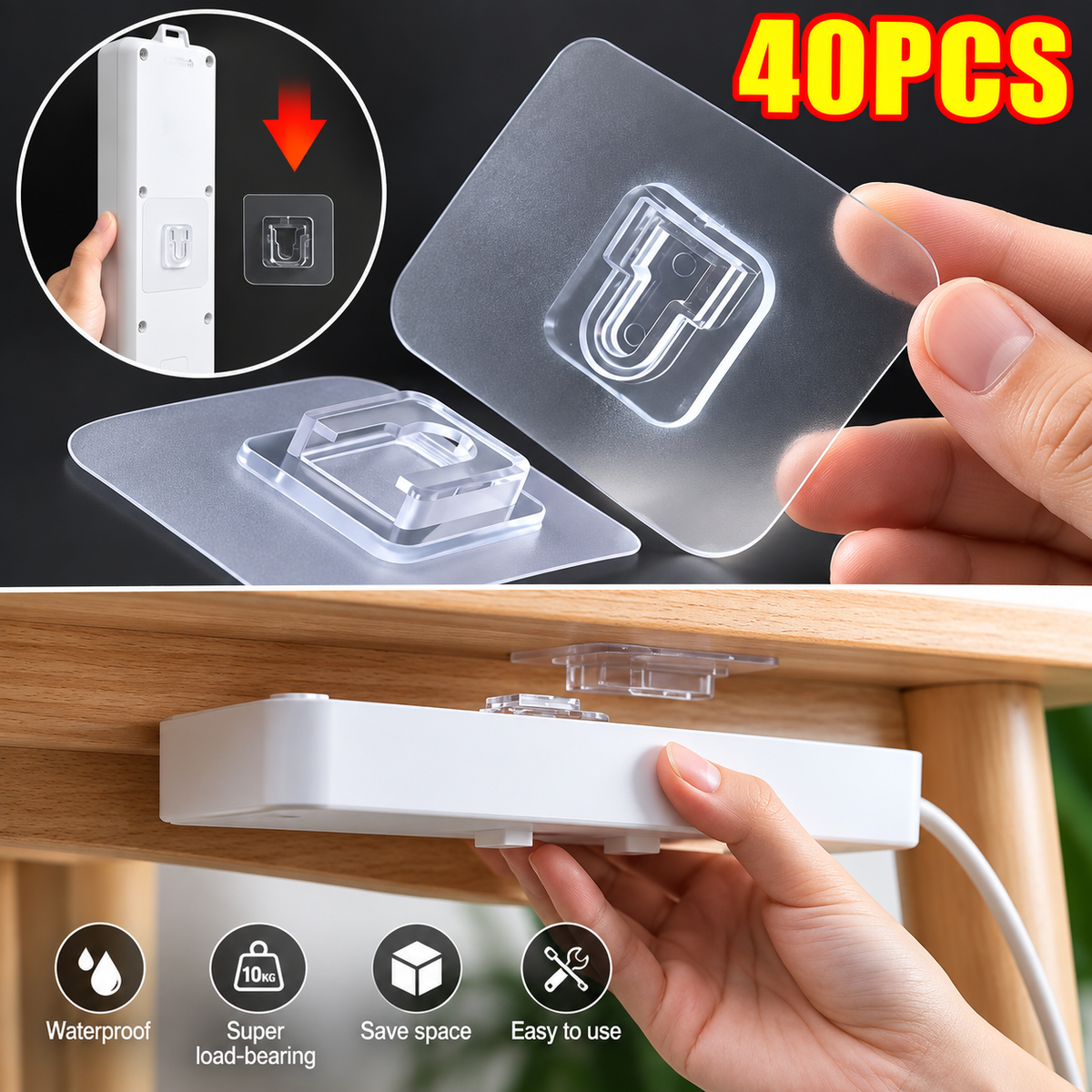 Transparent Adhesive Wall Hooks (40-Pack)